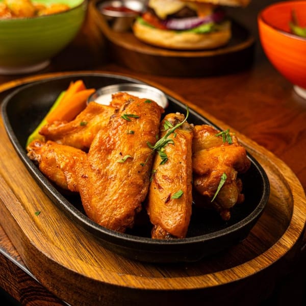 Crispy chicken wings with dipping sauce and vegetable sticks in a black skillet on a wooden tray.
