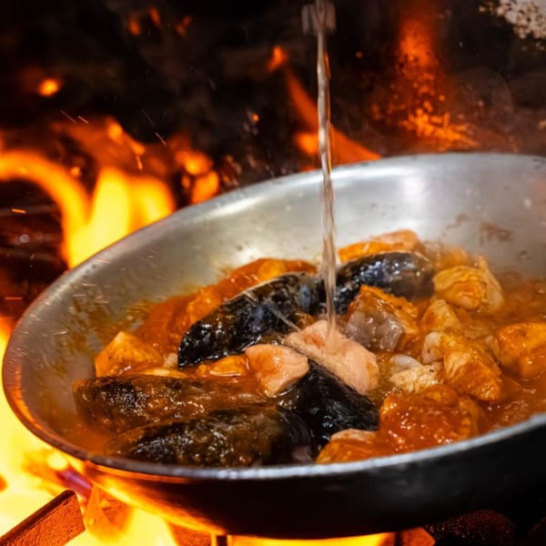 European dish with meat and sauce cooking in a pan over an open flame at Peggy's.